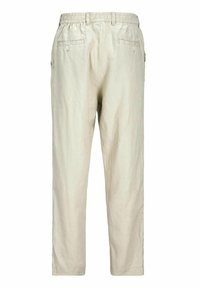 Beige linnen broek met een elastische tailleband, twee achterzakken en een rechte pijp. Minimaal stiksel detail. Soepele textuur.