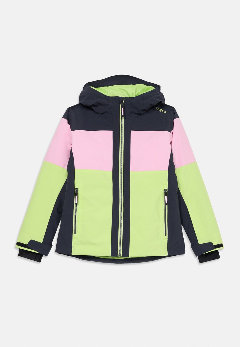 Giacca per bambini multicolore con cappuccio, con pannelli blu navy, rosa e verde lime, tasche con zip e una texture di tessuto resistente.