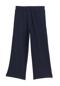 Spodnie typu wide-leg w granatowym kolorze, z teksturowanej tkaniny i elastycznym paskiem w talii. Design zapewnia płynny kształt oraz nowoczesny fason.