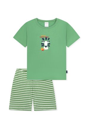 Green short-sleeve shirt with tiger face and "cool TIGER VIBES" text paired with green and white striped shorts.