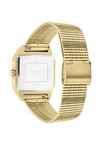 Orologio in acciaio inox dorato con quadrante quadrato, bracciale in maglia texturizzata e chiusura. Il retro mostra il logo e la valutazione di resistenza all'acqua.