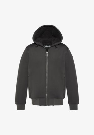 Sort hættejakke lavet af blødt stof med lynlås foran, der har to sidelommer og ribkanter ved ærmer og kant. Fleecefor indvendigt.