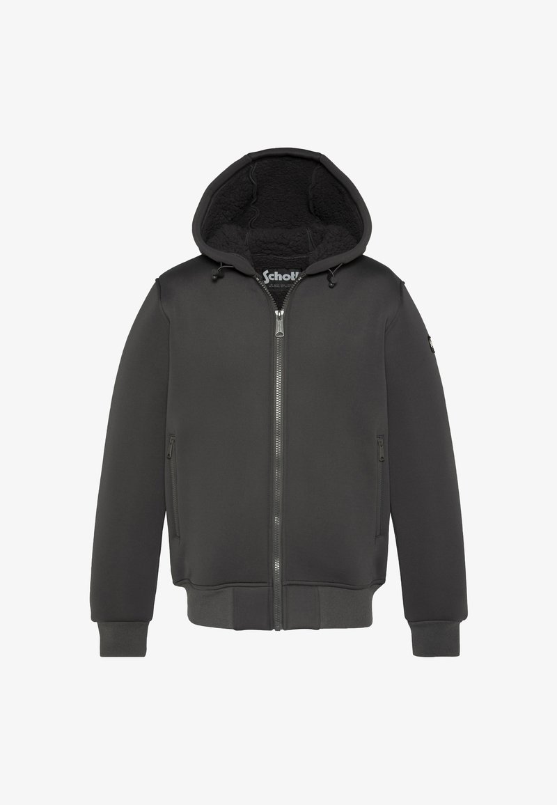 Schwarze Kapuzenjacke aus weichem Stoff mit Reißverschluss vorne, zwei Seitentaschen sowie gerippten Bündchen und Saum. Innen mit Fleece gefüttert.