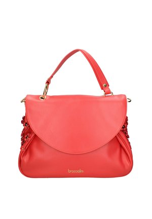 Borsa a tracolla in pelle rossa con un flap arrotondato, hardware dorato e decorazioni floreali su un lato. Dotata di una robusta tracolla coordinata.