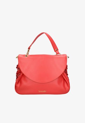 Red leather handbag with a rounded flap, gold hardware, and floral accents on one side. Features a sturdy, coordinating shoulder strap.