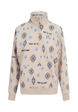 Beiger Pullover mit Viertelreißverschluss, blauen und braunen geometrischen Mustern, Kängurutasche und Stehkragen.