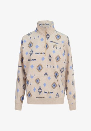 Beiger Pullover mit Viertelreißverschluss, blauen und braunen geometrischen Mustern, Kängurutasche und Stehkragen.