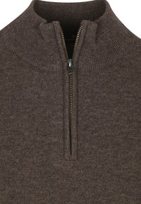 Bruine gebreide half-zip pullover in een zachte wolmix, met een hoge kraag en een goudkleurige ritsdetail met een gladde textuur.
