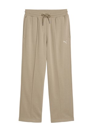 Hellbeige Sweatpants aus weichem Material, mit elastischem Bund und Kordelzug, Seitentaschen und einem dezenten Logo am linken Bein.