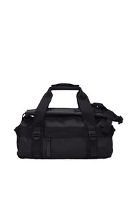 Borsa da viaggio nera con doppi manici, cerniere robuste e tessuto testurizzato. Presenta una tracolla regolabile e molteplici fibbie per una conservazione sicura.