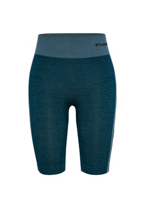 Turkusowe spodenki sportowe z szerokim szarym pasem. Wykonane z teksturowanej tkaniny, mają dopasowany krój bez widocznych zapięć ani wzorów.