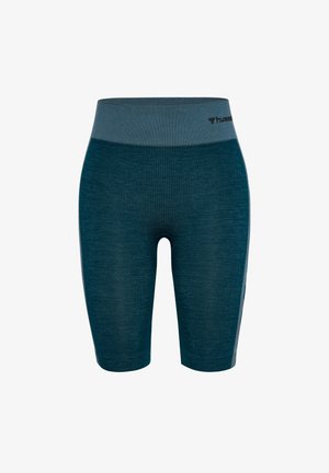 Turkusowe spodenki sportowe z szerokim szarym pasem. Wykonane z teksturowanej tkaniny, mają dopasowany krój bez widocznych zapięć ani wzorów.