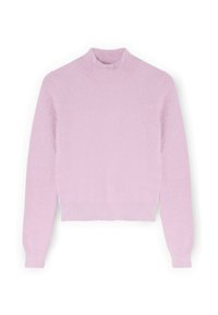 Jasnoróżowy, krótki sweter z okrągłym dekoltem, długimi rękawami i miękką, teksturowaną tkaniną. Bez wyróżniających się wzorów czy elementów ozdobnych.