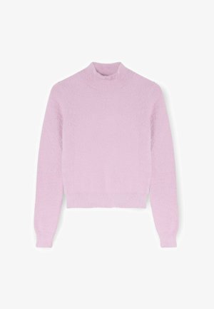 Lichtroze, cropped trui met een ronde hals, lange mouwen en een zachte, gestructureerde stof. Geen opvallende patronen of hardwaredetails.