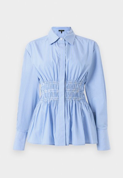 Blue and white striped shirt with a fitted waist, peplum hem, full-length sleeves, button front, and a classic collar. Made of fabric.