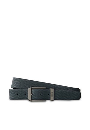 Zwarte riem met textuur, voorzien van een rechthoekige metalen gesp en een metalen lus gegraveerd met "MORATO", plat neergelegd op een witte achtergrond.