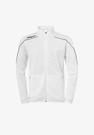 Hvid atletisk jakke med høj krave, fuld lynlås, sorte detaljer og uhlsport-logo på venstre skulder. Lavet af glat, letvægtsstof.