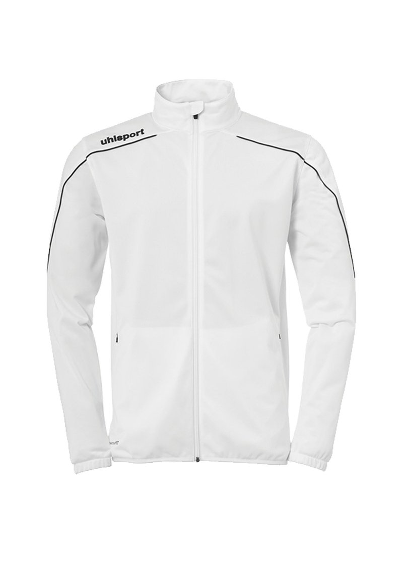 Hvid atletisk jakke med høj krave, fuld lynlås, sorte detaljer og uhlsport-logo på venstre skulder. Lavet af glat, letvægtsstof.