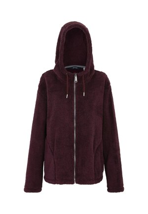 Fleecejacke in Pflaumenfarbe mit Kapuze, durchgehendem Frontreißverschluss und Kordelzügen, entworfen für Wärme und lässigen Tragekomfort.