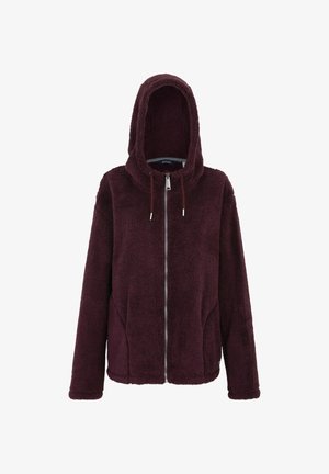 Fleecejacke in Pflaumenfarbe mit Kapuze, durchgehendem Frontreißverschluss und Kordelzügen, entworfen für Wärme und lässigen Tragekomfort.