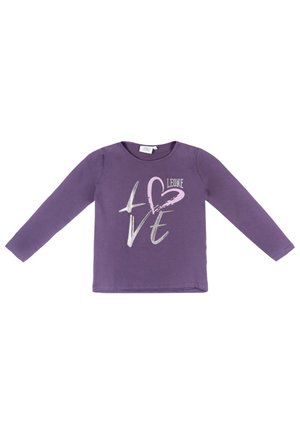 T-shirt pour enfant violet à manches longues, avec un col rond et une inscription et un motif clairs sur le devant.