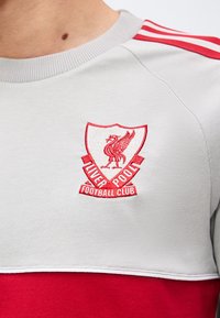 Το έμβλημα του Liverpool Football Club κεντημένο με κόκκινο χρώμα σε ανοιχτογκρι και κόκκινη αθλητική φανέλα που φοριέται από ένα άτομο.