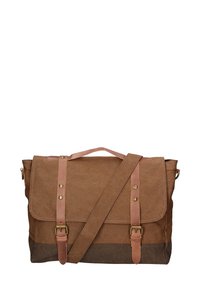 Borsa a tracolla in tela marrone con manici in pelle, tracolla regolabile e accessori in metallo. Presenta una chiusura a pattina e due fibbie.
