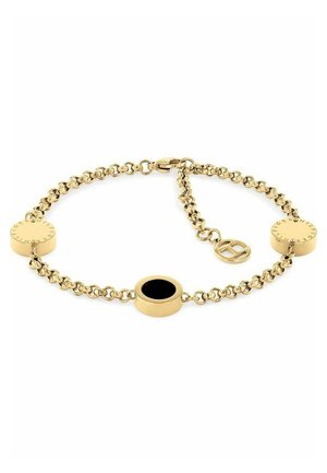Bracelet chaîne en or avec deux charms ronds gravés et un charm circulaire noir central, avec fermoir mousqueton et chaîne réglable.
