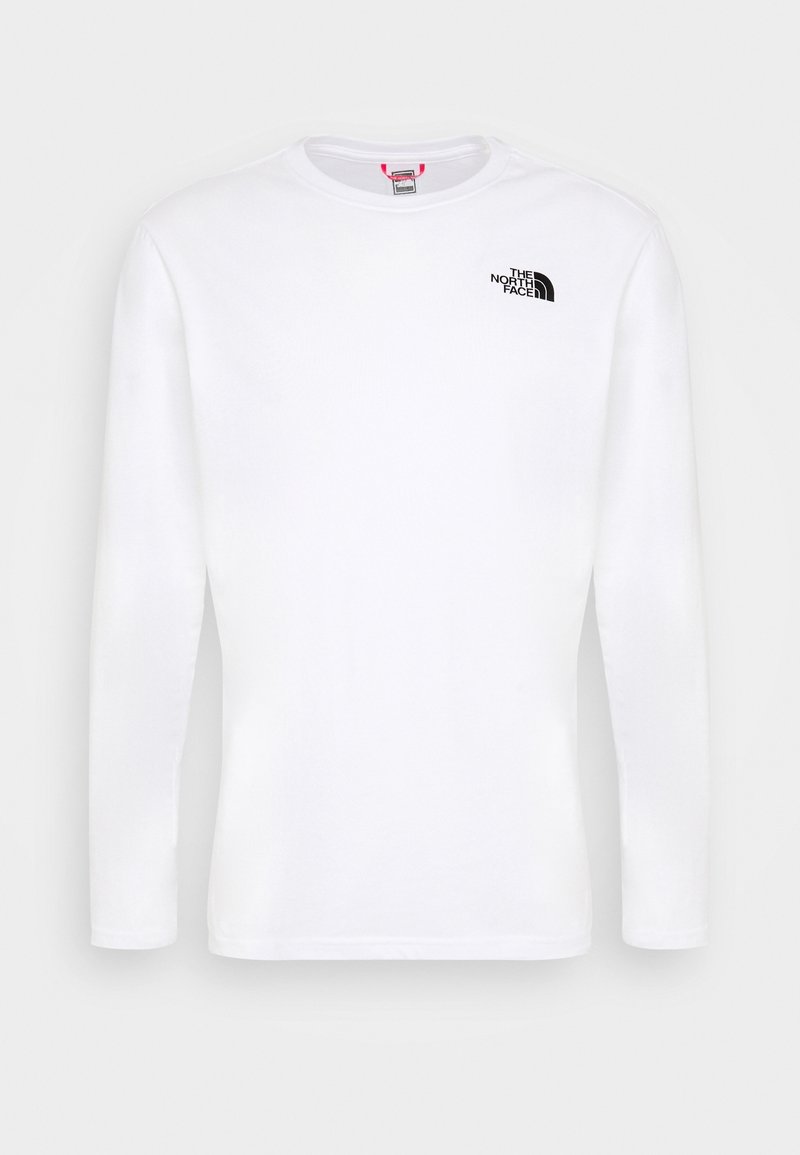 White long-sleeve crewneck shirt with small black "The North Face" logo on the upper left chest.