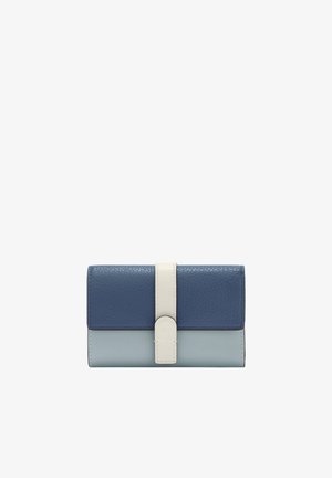 Leather wallet in dark blue and light blue with a white strap closure. Textured surface with a smooth finish. Compact rectangular shape.
