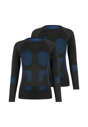 Long-sleeve thermal shirts in black, featuring blue stripe accents and textured panels; designed for warmth and comfort in cold weather.