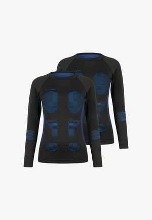 Long-sleeve thermal shirts in black, featuring blue stripe accents and textured panels; designed for warmth and comfort in cold weather.