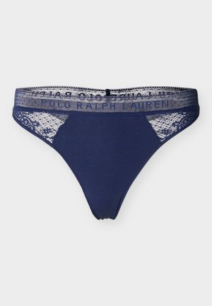 Marineblå kvindelig thong med gennemsigtige blonder på sider og taljebånd, med "Polo Ralph Lauren" branding på taljebåndet.