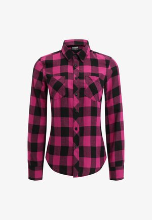 Hosszú ujjú kockás ing élénk rózsaszín és fekete kocka mintával, gombos elülső záródással és két mellzsebbel. Pamut anyag.