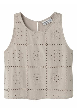 Béžový krátky top bez rukávov so štvorcovým kvetinovým dierkovaným vyšívaným vzorom a okrúhlym výstrihom.
