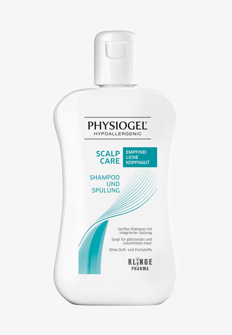 White plastic bottle of shampoo with rounded shape. Black text for brand and product details, turquoise accents, and wave graphic design.