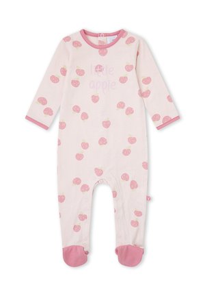 Body de bebé color rosa claro con mangas largas, estampados de manzana rosa, puños y pies rosas, y texto "little apple" en el pecho.