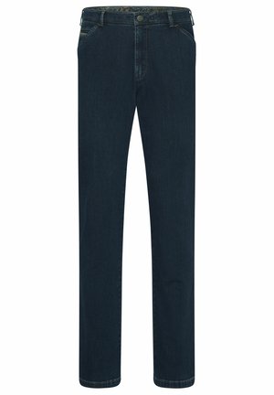 Donkerblauwe denim jeans met een recht model, voorzien van riemlussen, knoopsluiting en twee voorzakken. Gladde textuur.