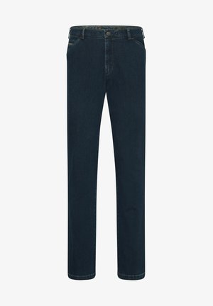 Dunkelblaue Jeans aus Denim mit geradem Bein, ausgestattet mit Gürtelschlaufen, Knopfverschluss und zwei Vordertaschen. Glatte Textur.