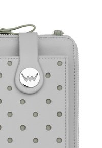 Light gray leather wallet featuring perforated holes, a silver circular logo button, and a green zipper pull. Square shape with stitched edging.
