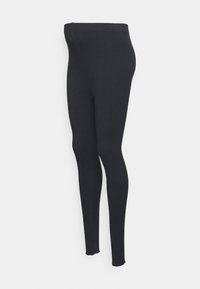 Leggings pretos com textura suave e design ajustado. Apresentam uma cintura alta e pernas afuniladas, que se estendem até o comprimento do tornozelo.
