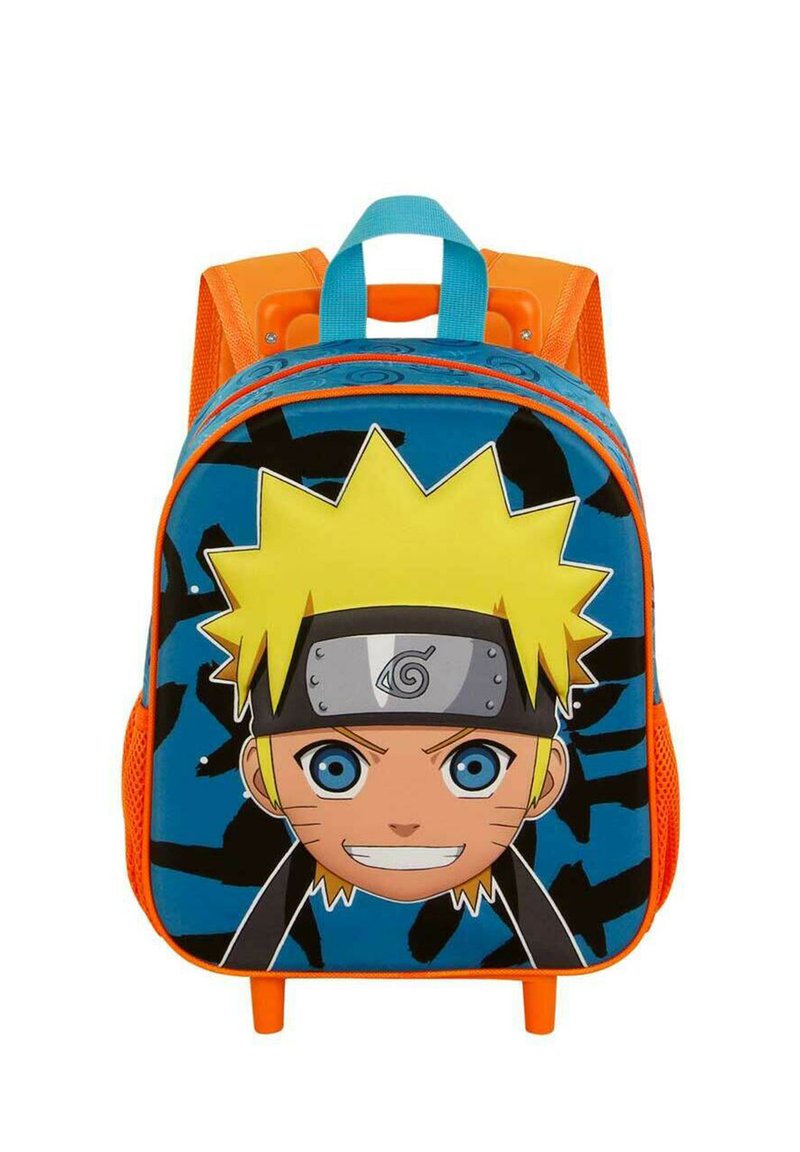 Mochila azul con una gran cara de personaje de Naruto. Presenta acentos amarillos, correas naranjas, un compartimento con cremallera y una tela suave.