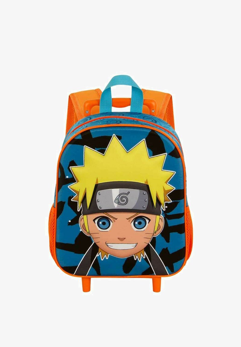 Mochila azul con una gran cara de personaje de Naruto. Presenta acentos amarillos, correas naranjas, un compartimento con cremallera y una tela suave.