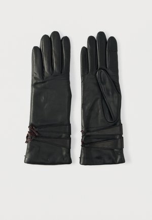 Zwarte leren handschoenen met drie verlengde vingers, een gladde textuur en decoratieve bruine veters bij de pols voor aanpassing.