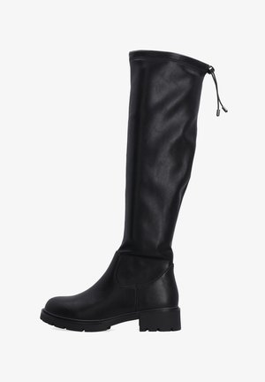 Schwarze knielange Stiefel aus glattem Leder mit runder Zehenpartie, flacher Gummisohle und einer Schnürung am oberen Ende für eine verstellbare Passform.
