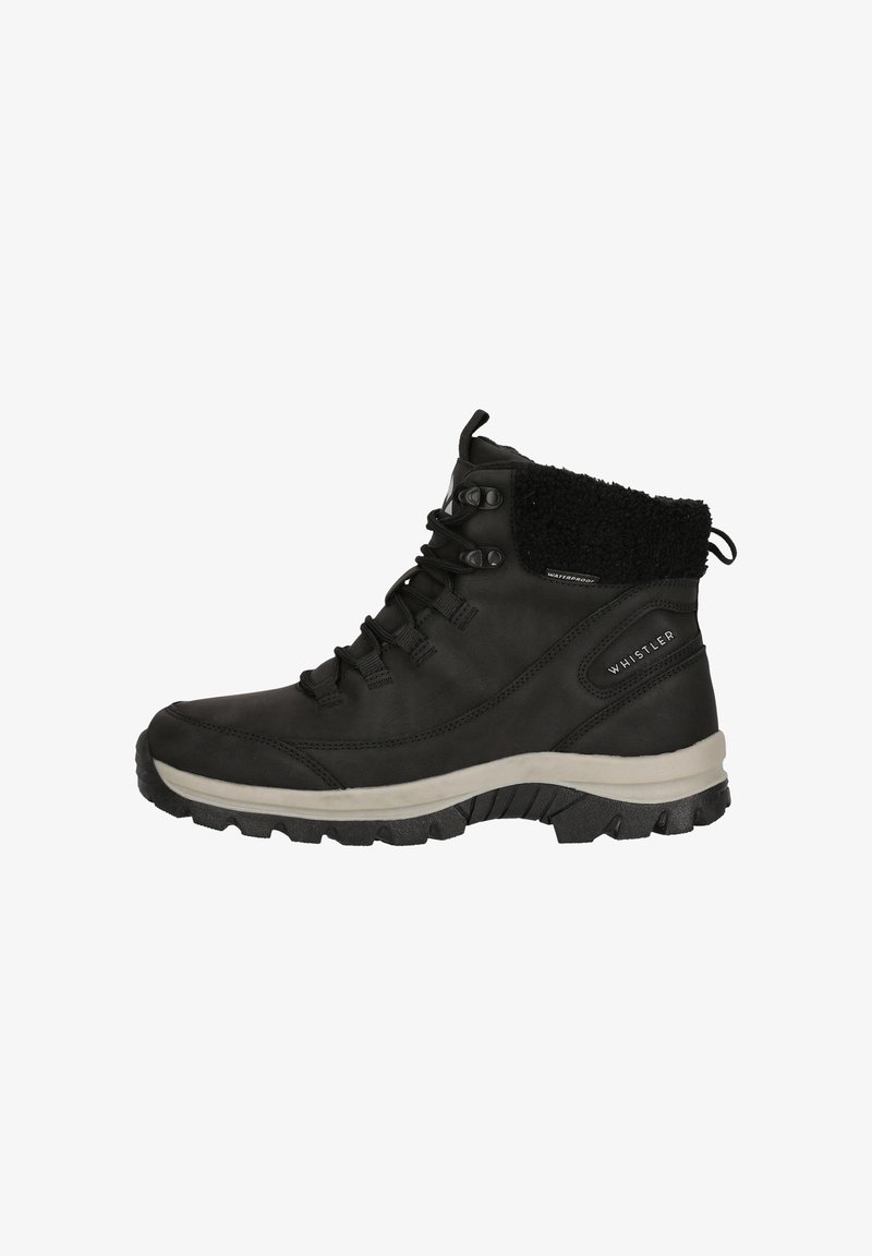 Schwarze wasserdichte Wanderschuhe mit einem gefütterten, strukturierten Kunstfellkragen, Schnürdesign, Gummisohle und auffälligem Profil für gute Traktion.