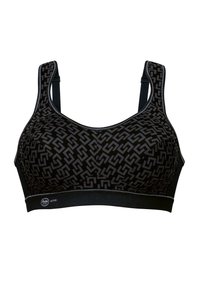 Brassière de sport noire avec un motif géométrique noir sur noir, bretelles larges et une bande contrastante noire en bas. Finition en tissu texturé.