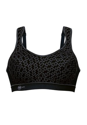 Schwarzer Sport-BH mit geometrischem Muster, verstellbaren Trägern, breitem elastischem Bund und kontrastierenden Steppnähten.