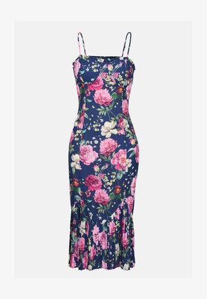 Blomstermønstret kjole med marineblå baggrund, justerbare spaghetti-stropper og en tiered flæse-nederdel med pink og hvide blomster.