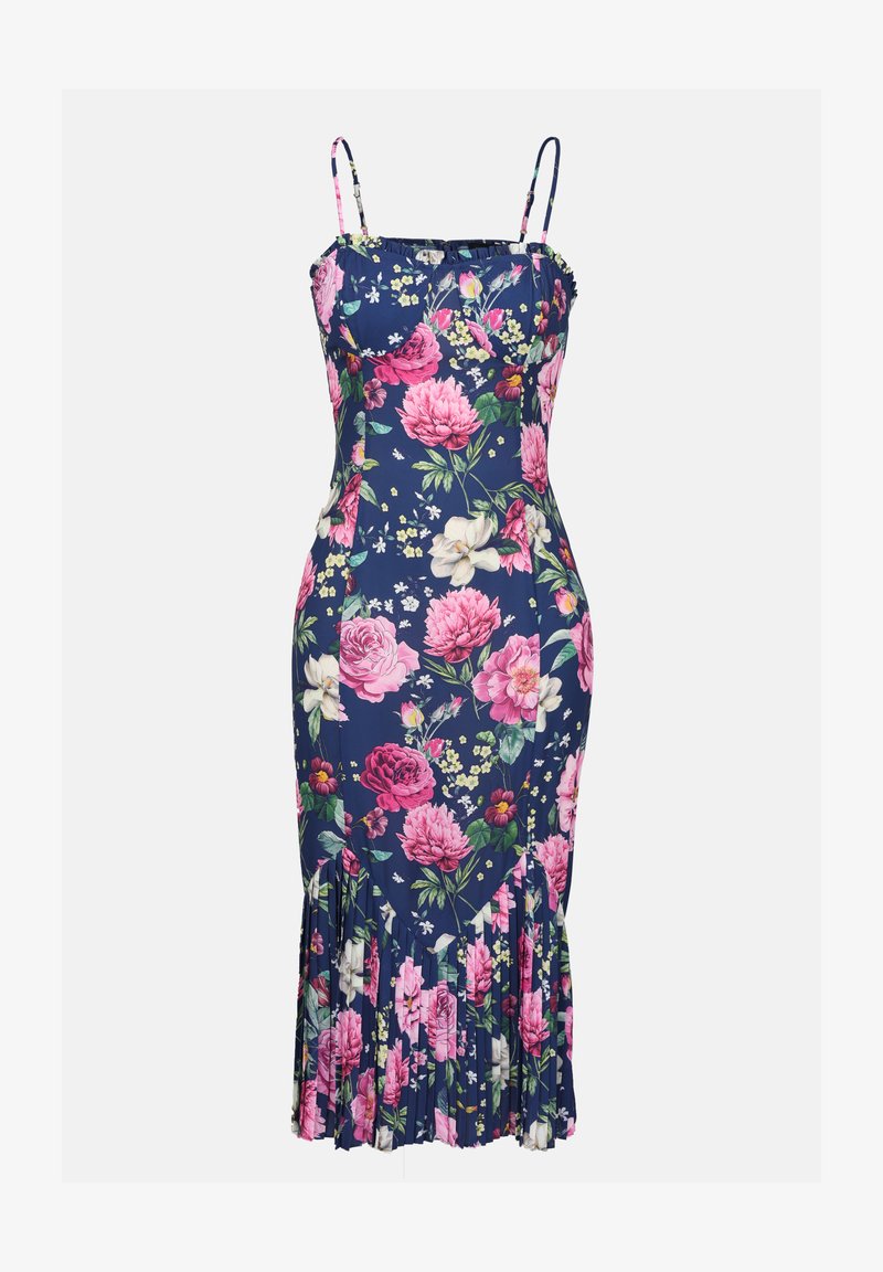 navy and pink cocktail dress Adrianna Papell Embroidered Floral Print Sleeveless Halter Neck Dress, Womens, 14, Navy Pink Multi